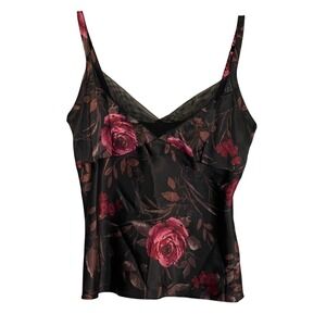 George Womens Floral Satin Camisole Top Black Red Rose V-Neck Medium 8/10